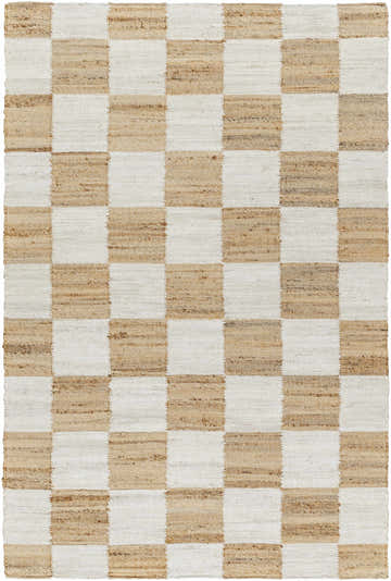 Close-up of the Tyhir Checkered Jute Rug, featuring a light brown and light slate checkerboard pattern and hand-woven texture. Design-Rectangle-576