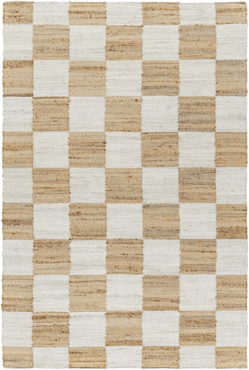 Close-up of the Tyhir Checkered Jute Rug, featuring a light brown and light slate checkerboard pattern and hand-woven texture. Design-Rectangle-576