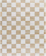 Close-up of the hand woven Tyhir Checkered Jute Rug. Light brown and light slate squares create a farmhouse checkerboard pattern. Design-Rectangle-810