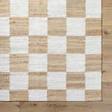 Close-up of the hand woven Tyhir Checkered Jute Rug. Light brown and light slate jute squares create a farmhouse checkerboard pattern. Swatch
