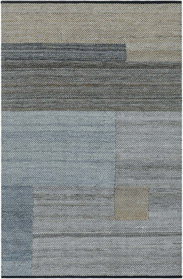 Close-up of the hand-woven Trish Area Rug. Southwestern style with blue, charcoal, gray, and sandstone colors. Recycled PET yarn. Design-Rectangle-576