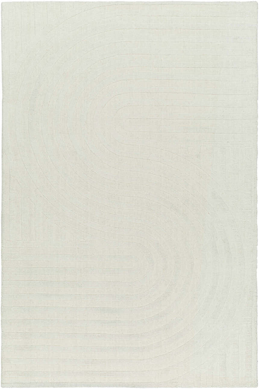 Close-up of the light silver Thema Area Rug. Hand-loomed wool rug with a subtle, contemporary curved pattern. Design-Rectangle-576