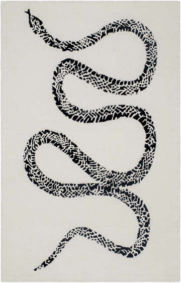 Close-up of the Theon Area Rug. Hand-tufted wool rug with a jet black snake design on a light silver background. Design-Rectangle-58