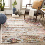 Living room scene with Southwestern style Upperco Area Rug in blue, red, orange, and white tones. Roomscene-Rectangle