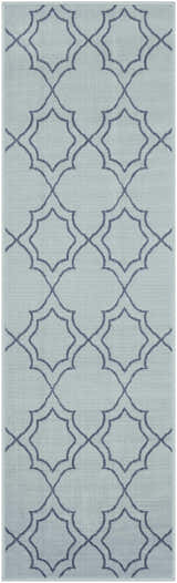 Close-up of the Ursa Area Rug. Pale blue rug with a navy geometric trellis pattern. Machine woven olefin rug. Design-Runner-2379
