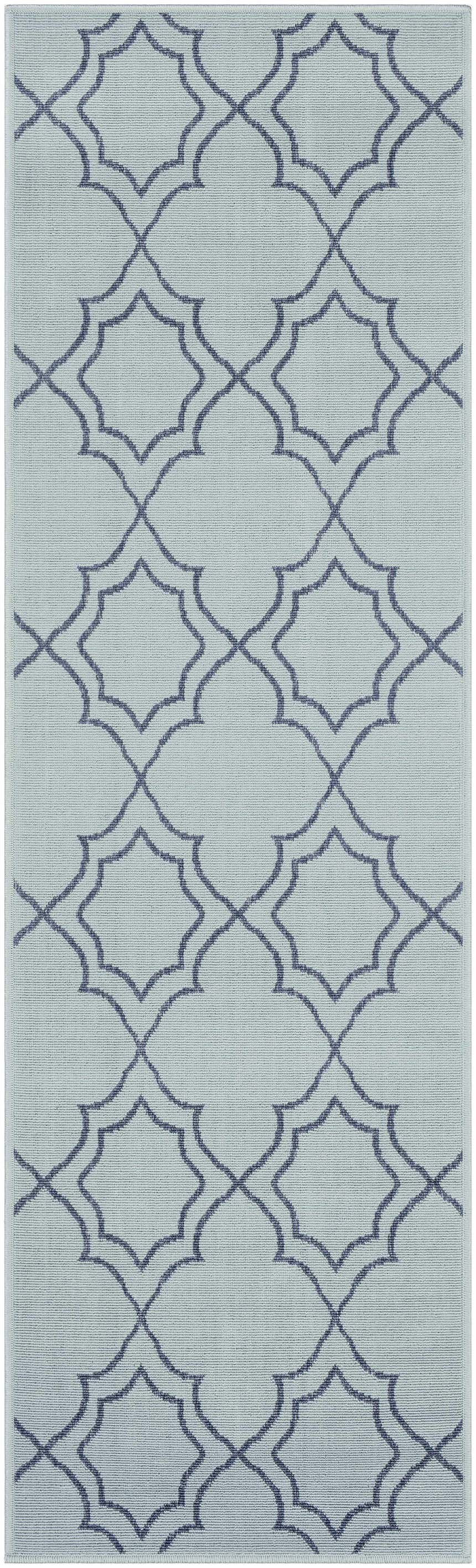 Close-up of the Ursa Area Rug. Pale blue rug with a navy geometric trellis pattern. Machine woven olefin rug. Design-Runner-2379