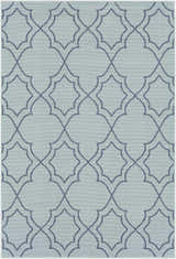 Close-up of Ursa Area Rug. Pale blue olefin rug with navy geometric trellis pattern. Machine woven. Design-Rectangle-5376