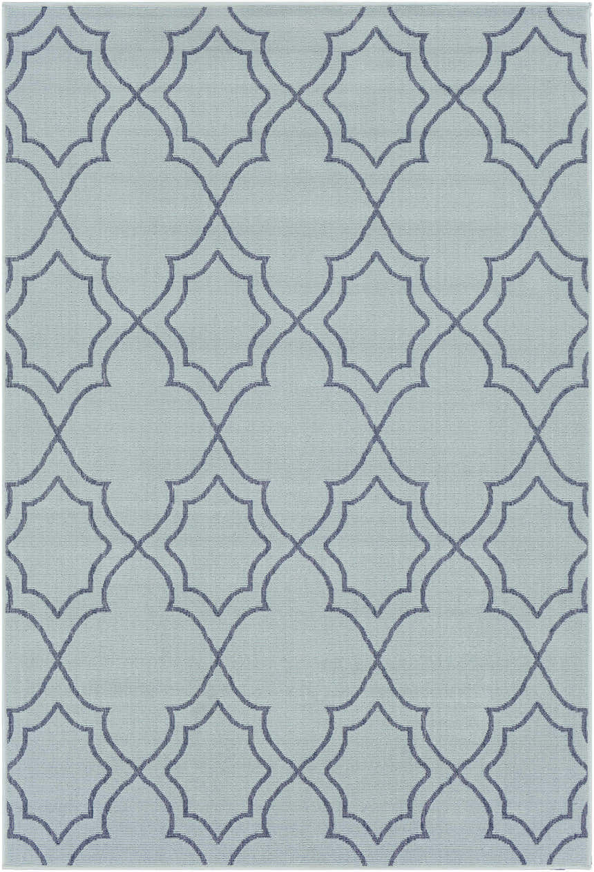 Close-up of Ursa Area Rug. Pale blue olefin rug with navy geometric trellis pattern. Machine woven. Design-Rectangle-5376