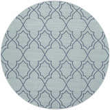 Close-up of a round Ursa Area Rug. Navy geometric trellis pattern on pale blue olefin. Design-Round-73