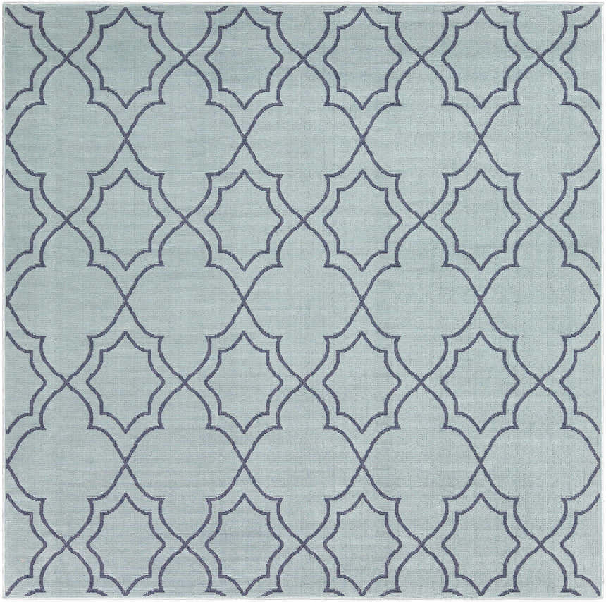 Close-up of Ursa Area Rug in pale blue and navy. Geometric trellis pattern. Machine woven olefin rug. Design-Square-73