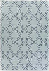 Close-up of the Ursa Area Rug. Navy quatrefoil pattern on a pale blue Olefin rug. Design-Rectangle-76109