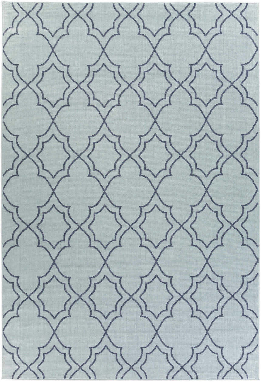 Close-up of the Ursa Area Rug. Navy quatrefoil pattern on a pale blue Olefin rug. Design-Rectangle-76109
