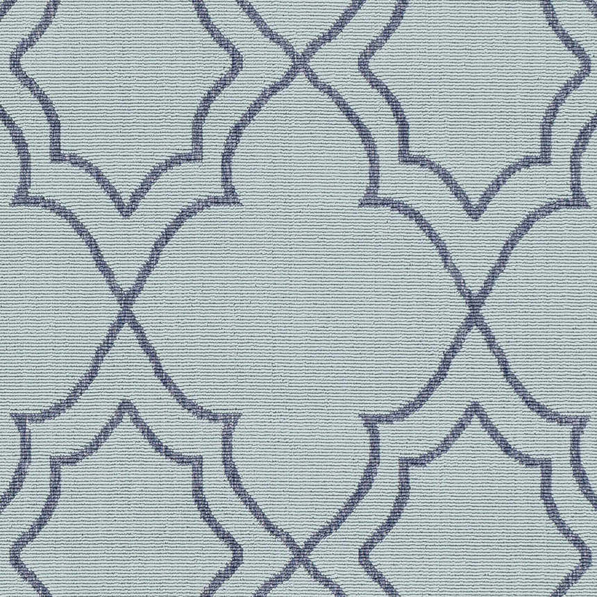 Close-up of the Ursa Area Rug. Navy trellis pattern on a pale blue, textured olefin rug. Swatch