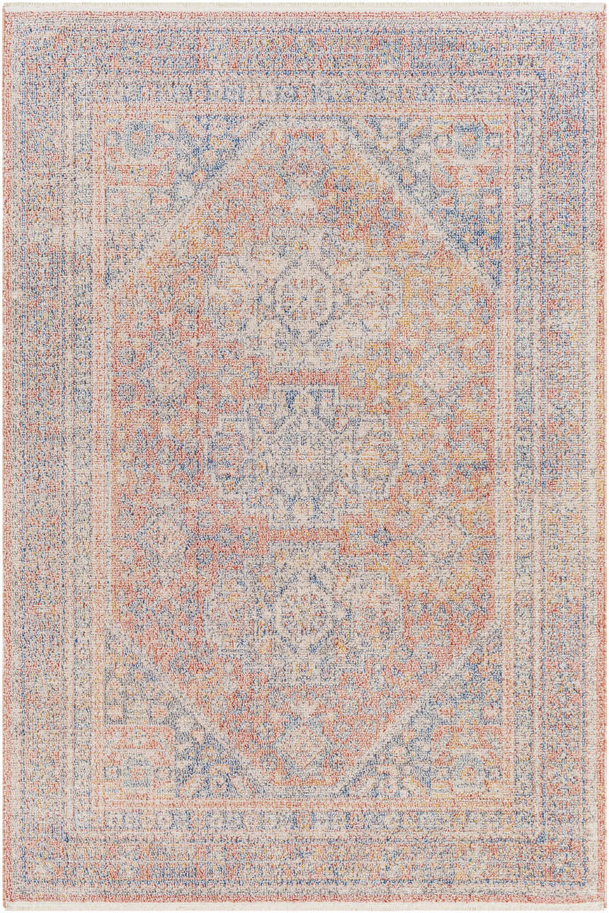 Close-up of the Vahn Area Rug. Traditional oriental rug design in dark blue, ivory, light pink, and mustard colors. Design-Rectangle-537