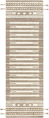Hand tufted Vamo Area Rug in brown and oatmeal wool with bohemian stripes and tassels. Design-Runner-268