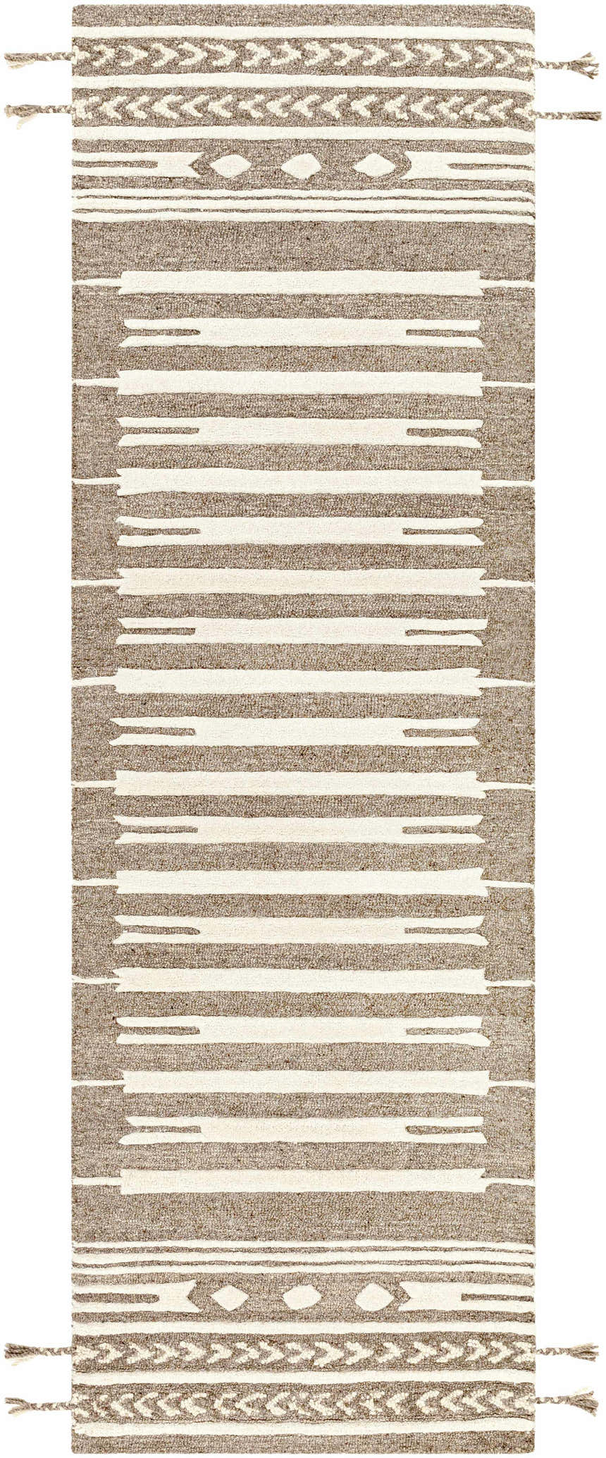Hand tufted Vamo Area Rug in brown and oatmeal wool with bohemian stripes and tassels. Design-Runner-268