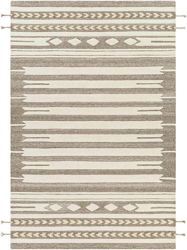 Close-up of the hand-tufted Vamo Area Rug. Brown, tan, and oatmeal stripes with bohemian diamond and arrow patterns. 100% wool. Design-Rectangle-576