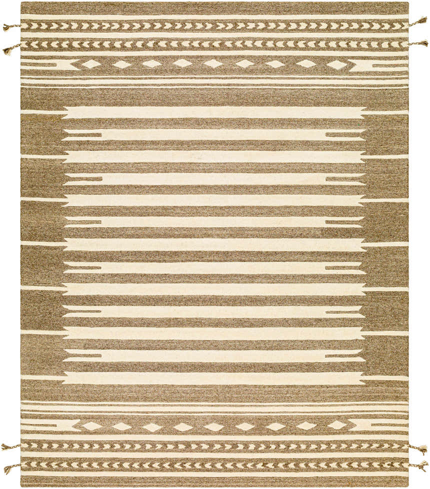 Hand tufted Vamo Area Rug in brown and oatmeal wool with a bohemian striped pattern and tassels. Design-Rectangle-810