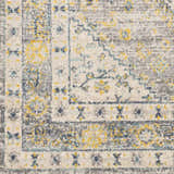 Close-up of Varnville Area Rug. Contemporary design in aqua, blue, mustard, cream, and gray. Machine woven texture. Swatch