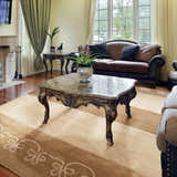 Traditional living room with Vestal Area Rug, brown sofa, marble coffee table, and natural light from a large window. Roomscene-Runner