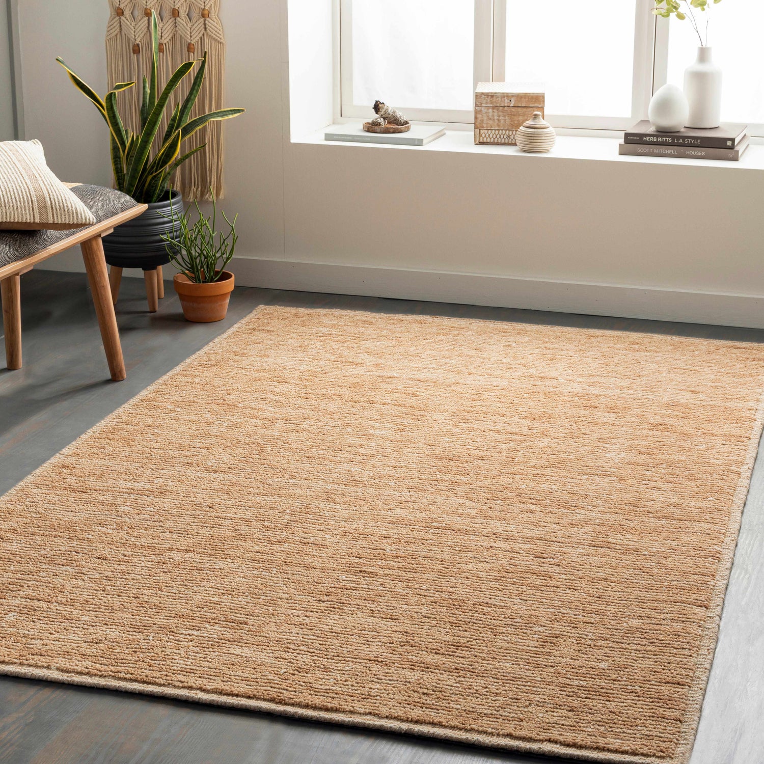 Living room scene with a peach Vezirhan area rug, wood bench, plants, and natural light from a window. Roomscene-Rectangle