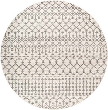 Close-up of a round Vicksburg All Over Pattern Rug. Charcoal and gray geometric design on a light beige background. Design-Round-710