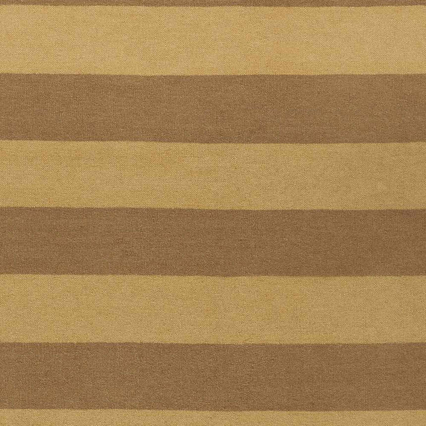 Close-up of the Vieques Area Carpet. Brown and mustard stripes on a hand woven wool rug. Swatch