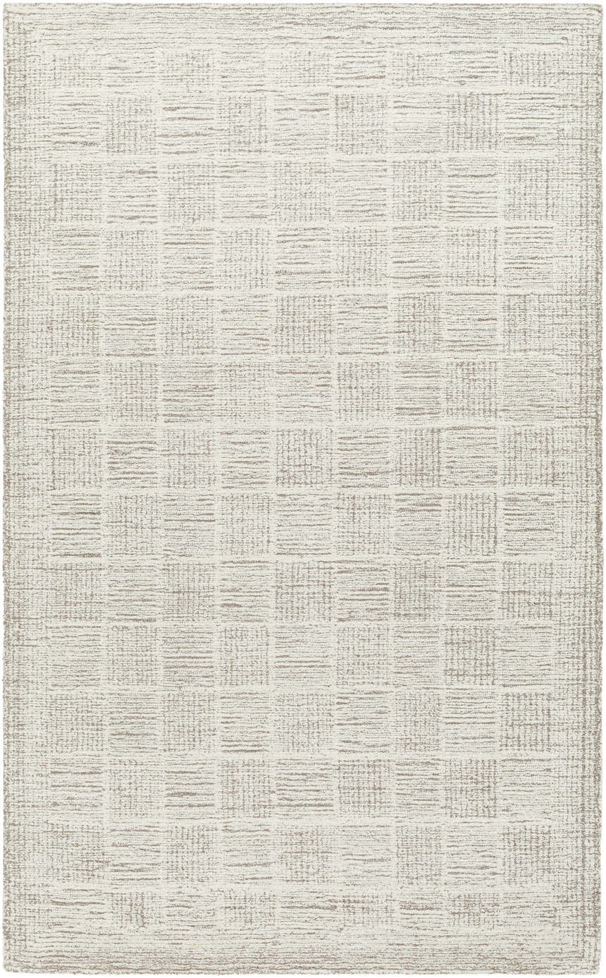 Close-up of the Urian Area Rug. Light silver and silver gray wool rug with a contemporary, subtle grid pattern. Hand-tufted texture. Design-Rectangle-58