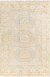 Hand knotted Villareal Area Rug in cream, dusty pink, ice blue, and beige with traditional oriental design. Design-Rectangle