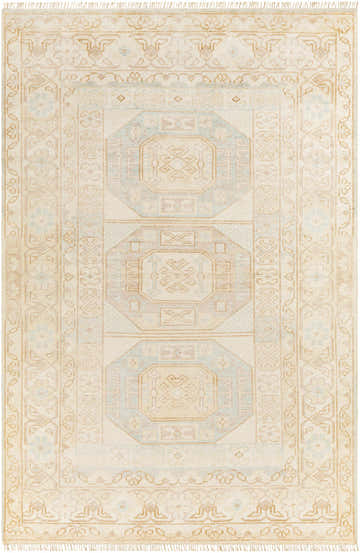 Hand knotted Villareal Area Rug in cream, dusty pink, ice blue, and beige with traditional oriental design. Design-Rectangle