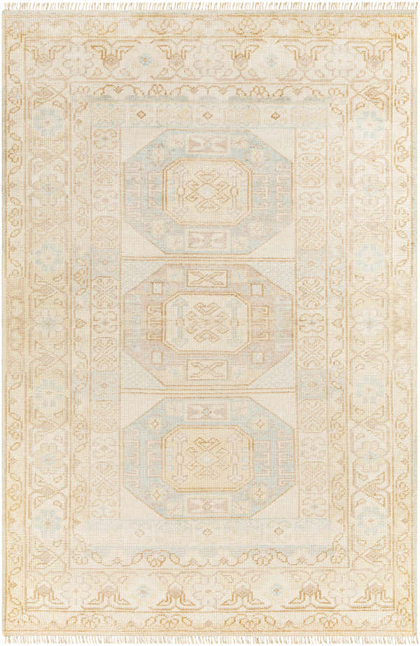 Hand knotted Villareal Area Rug in cream, dusty pink, ice blue, and beige with traditional oriental design. Design-Rectangle