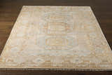 Close-up of a hand-knotted Villareal Area Rug. Cream, light beige, and ice blue oriental rug with a traditional rectangular pattern. Front
