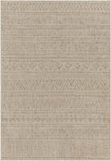 Close-up of the Vanderhoof Indoor & Outdoor Rug. Nutmeg and mocha tones create a subtle bohemian pattern. Machine woven texture. Design-Rectangle-5377