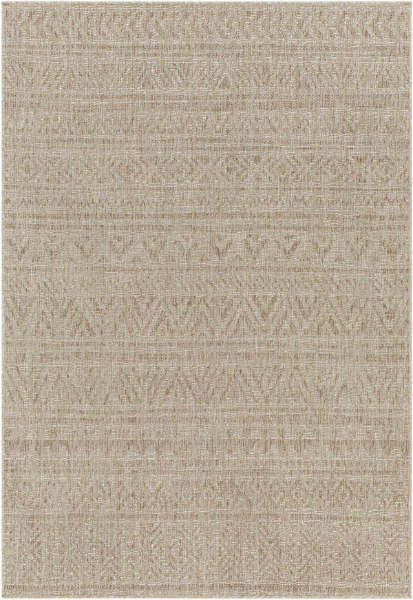 Close-up of the Vanderhoof Indoor & Outdoor Rug. Nutmeg and mocha tones create a subtle bohemian pattern. Machine woven texture. Design-Rectangle-5377