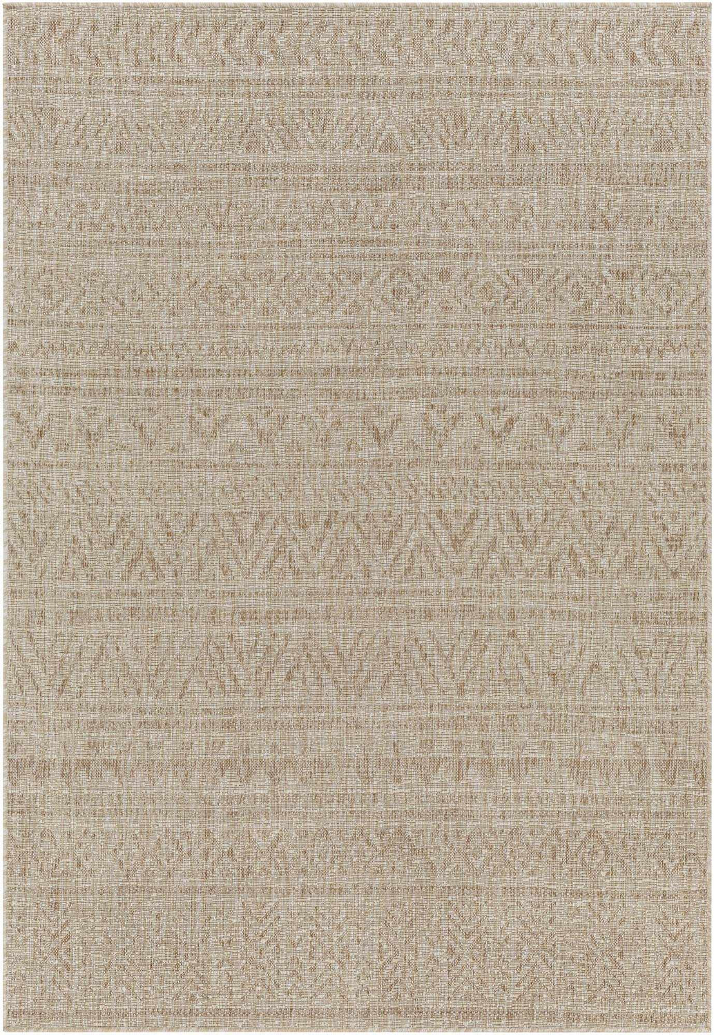 Close-up of the Vanderhoof Indoor & Outdoor Rug. Nutmeg and mocha tones create a subtle bohemian pattern. Machine woven texture. Design-Rectangle-5377