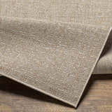 Close-up of the Vanderhoof Indoor & Outdoor Rug showing its mocha and light peach woven texture and neutral color palette. Fold