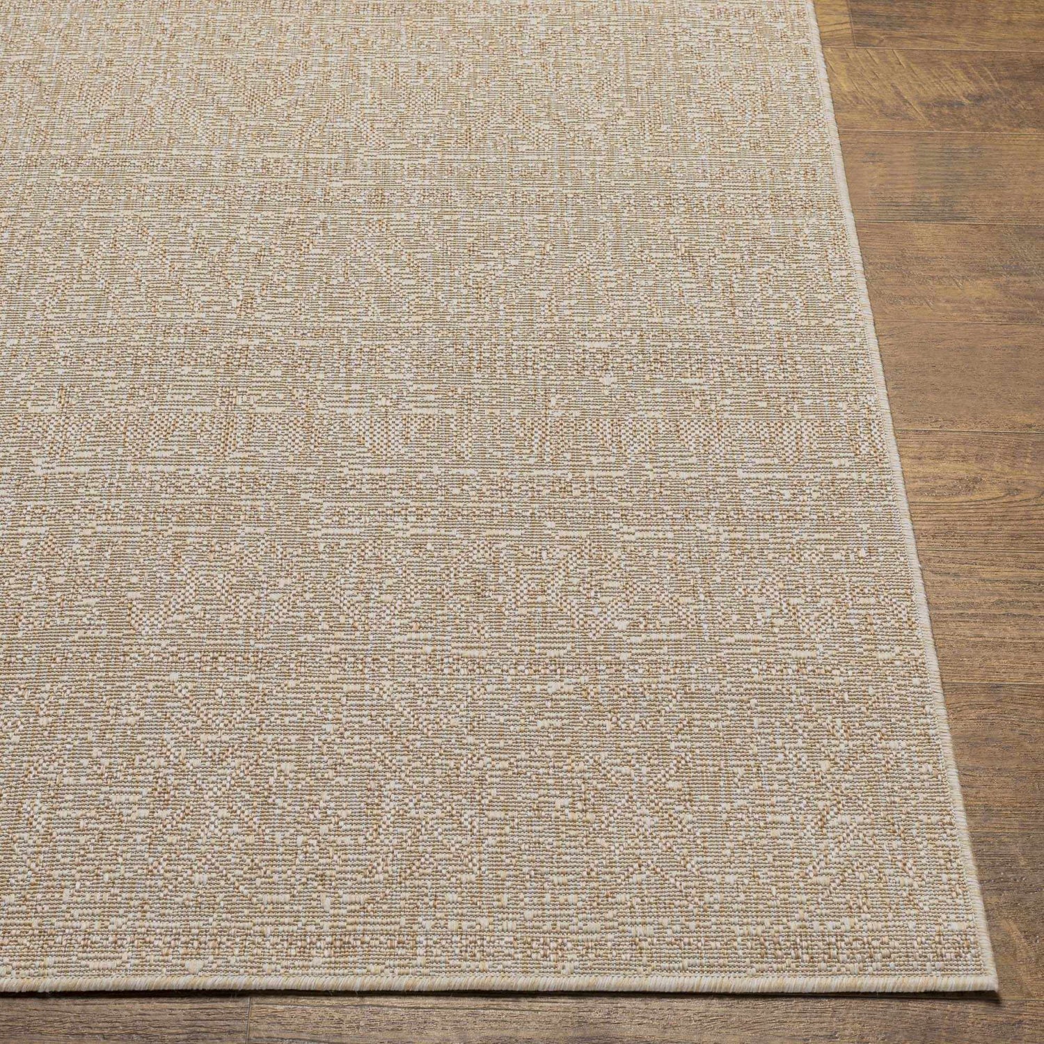 Close-up of the Vanderhoof Indoor & Outdoor Rug. Mocha and light peach tones with a subtle geometric pattern. Front