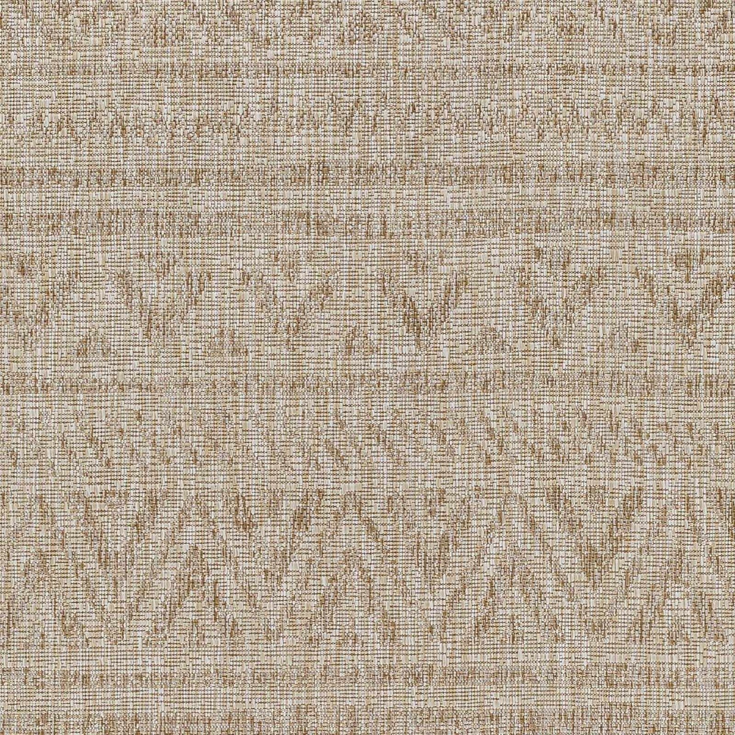 Close-up of the Vanderhoof Indoor & Outdoor Rug, showcasing its mocha and light peach bohemian pattern and woven texture. Swatch