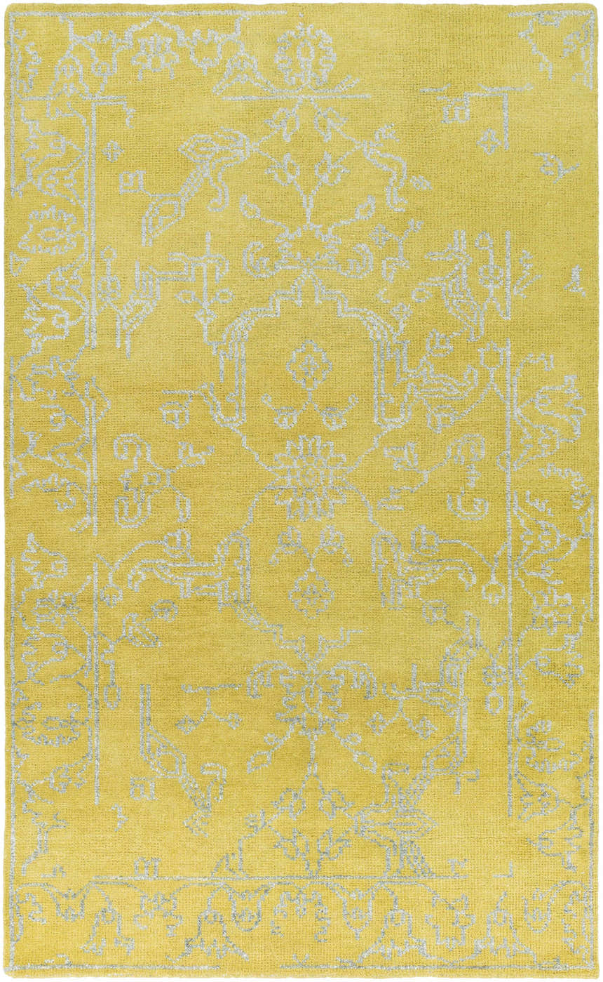 Close-up of the Voorhees Area Carpet. Hand-knotted rug in olive with a slate traditional pattern. Wool and viscose blend. Design-Rectangle-58