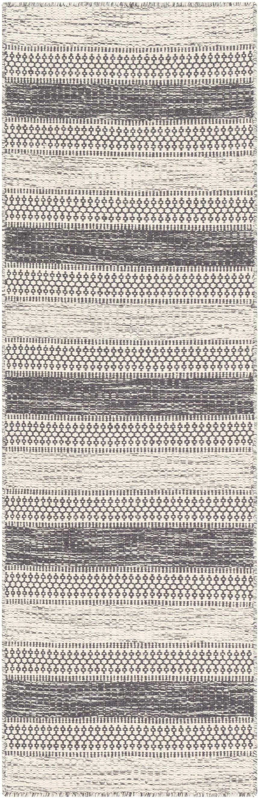 Close-up of the hand woven Vernonia Area Rug. Black and ivory wool rug with a striped, geometric pattern. Design-Runner-268