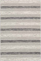 Close-up of the hand woven Vernonia Area Rug. Black and ivory wool rug with contemporary stripe and diamond pattern. Design-Rectangle-576