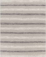 Close-up of the hand woven Vernonia Area Rug. Black and ivory wool rug with a striped, textured pattern. Design-Rectangle-810