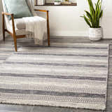 Living room scene with a Vernonia Area Rug, ivory chair, and snake plant. The rug has black and ivory stripes. Roomscene-Rectangle