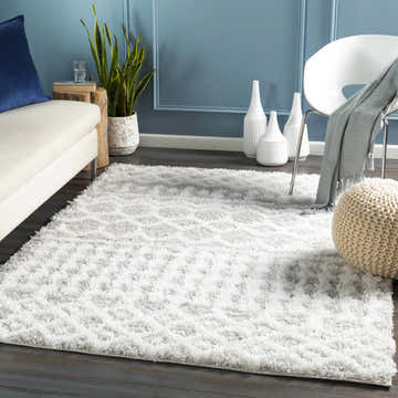Living room scene with a light gray Vernonburg Shag Area Rug, cream sofa, white chair, and blue accent wall. Roomscene-Rectangle