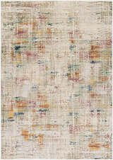 Close up of the Eversley Area Rug featuring cream, pink, blue, and mustard colors in a contemporary abstract design. Design-Rectangle-5373