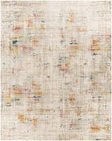 Close-up of the Eversley Area Rug, a machine-woven rug with cream, pink, blue, and mustard abstract patterns. Design-Rectangle-71010