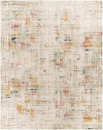 Close-up of the Eversley Area Rug, a machine-woven rug with cream, pink, blue, and mustard abstract patterns. Design-Rectangle-71010