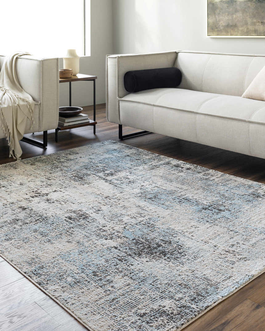 Living room scene with a Vesna Blue Area Rug, light sofa, dark wood floors, and neutral decor. Roomscene-Rectangle