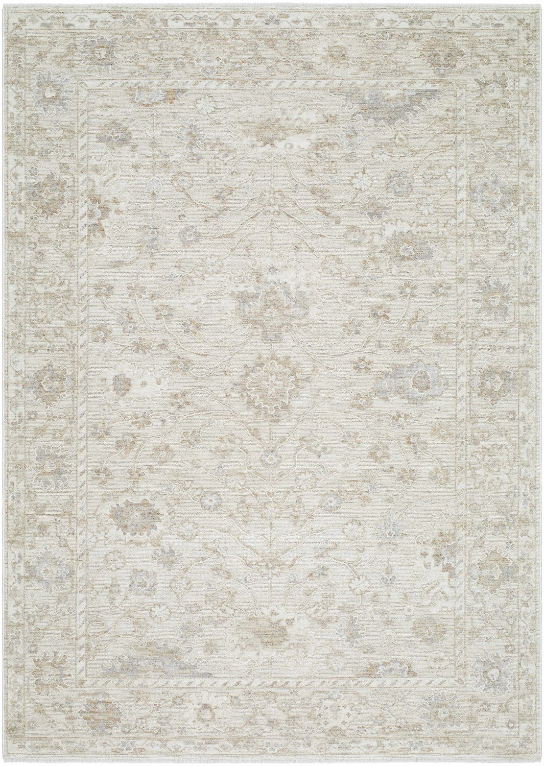 Close-up of the Vaman Luxe Rug. Light silver and sterling gray traditional floral pattern. Machine woven polyester rug. Design-Rectangle-279