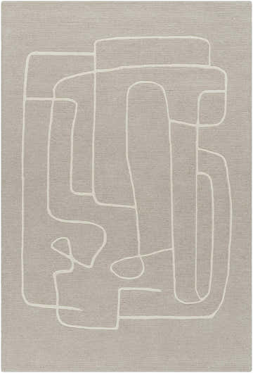 Close-up of the Vatsa Gray Abstract Area Rug. Light silver wool rug with a sterling gray, contemporary abstract line design. Design-Rectangle-576